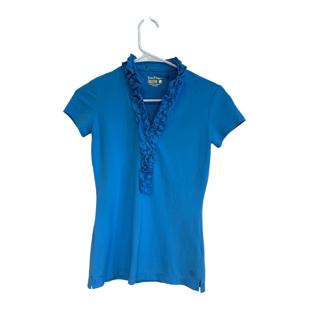 Lilly Pulitzer "Luxletic" Blue Ruffled Short Sleeved V-Neck Top- NWT